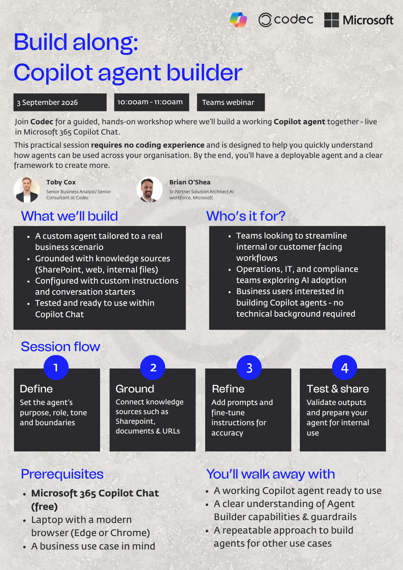 Build along Copilot agent builder - Codec - September 2026_Toby_Cox_Brian_OShea